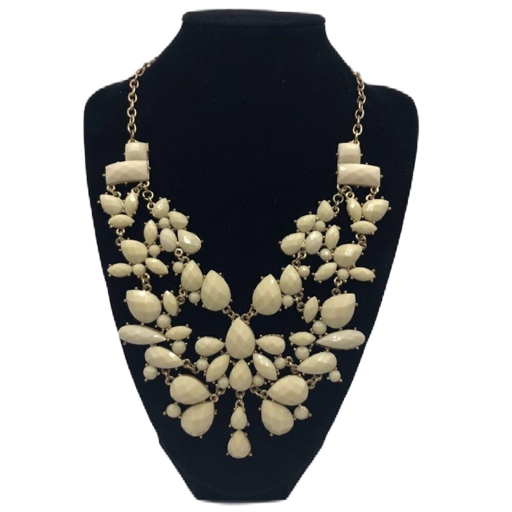 Cream Tear Drop Dangling Statement Necklace with Gold Tone Chain 16 Inches